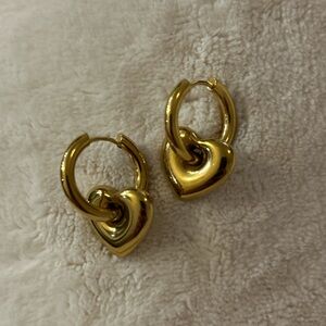 Gold tone Stainless Steel Heart Dangle Hoop Earrings